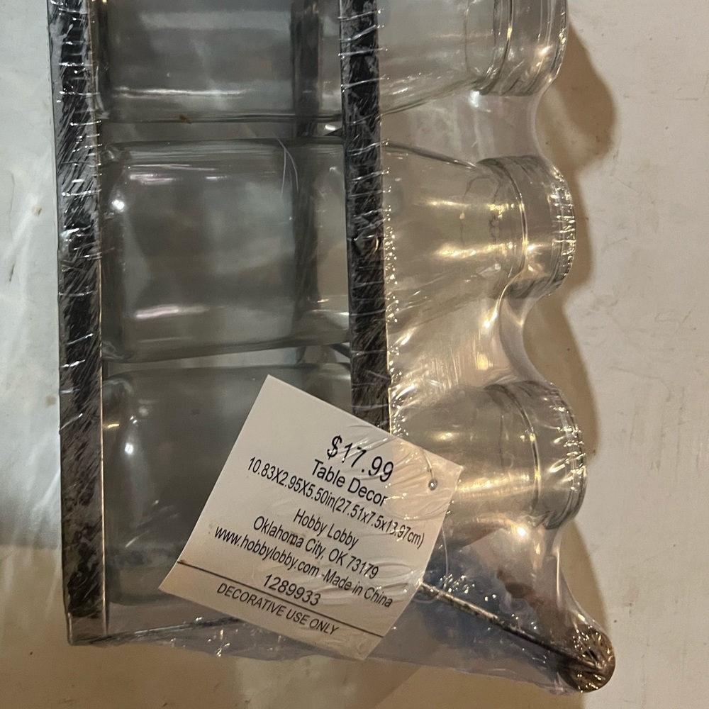 (16)- 3 piece small glass milk jugs in crate table top decor